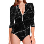 Black White Grunge Marble Print Long Sleeve Swimsuit