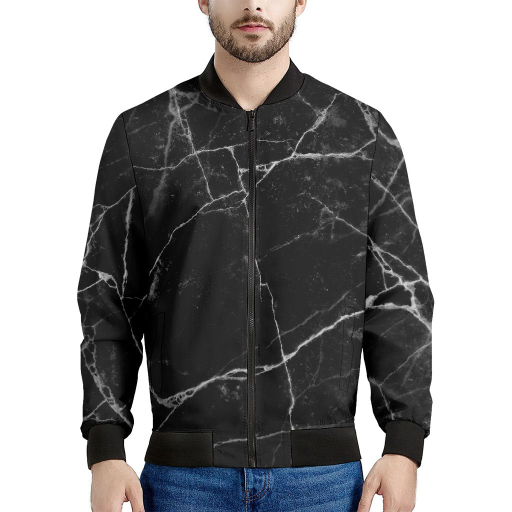 Black White Grunge Marble Print Men's Bomber Jacket