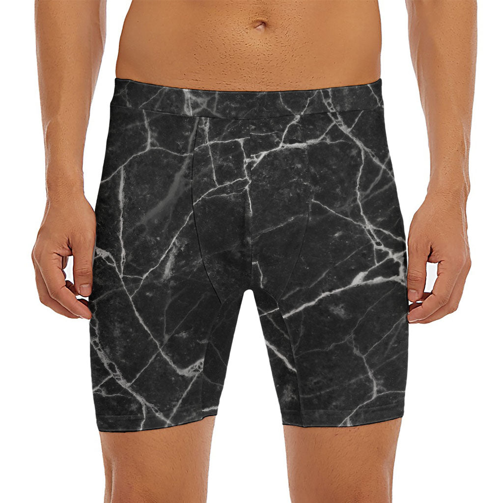 Black White Grunge Marble Print Men's Long Boxer Briefs