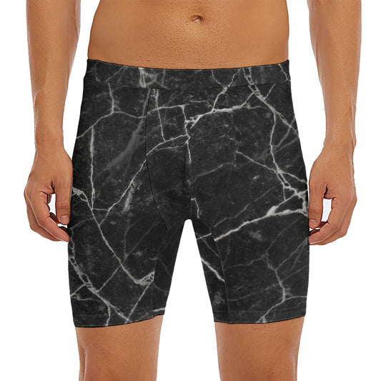 Black White Grunge Marble Print Men's Long Boxer Briefs