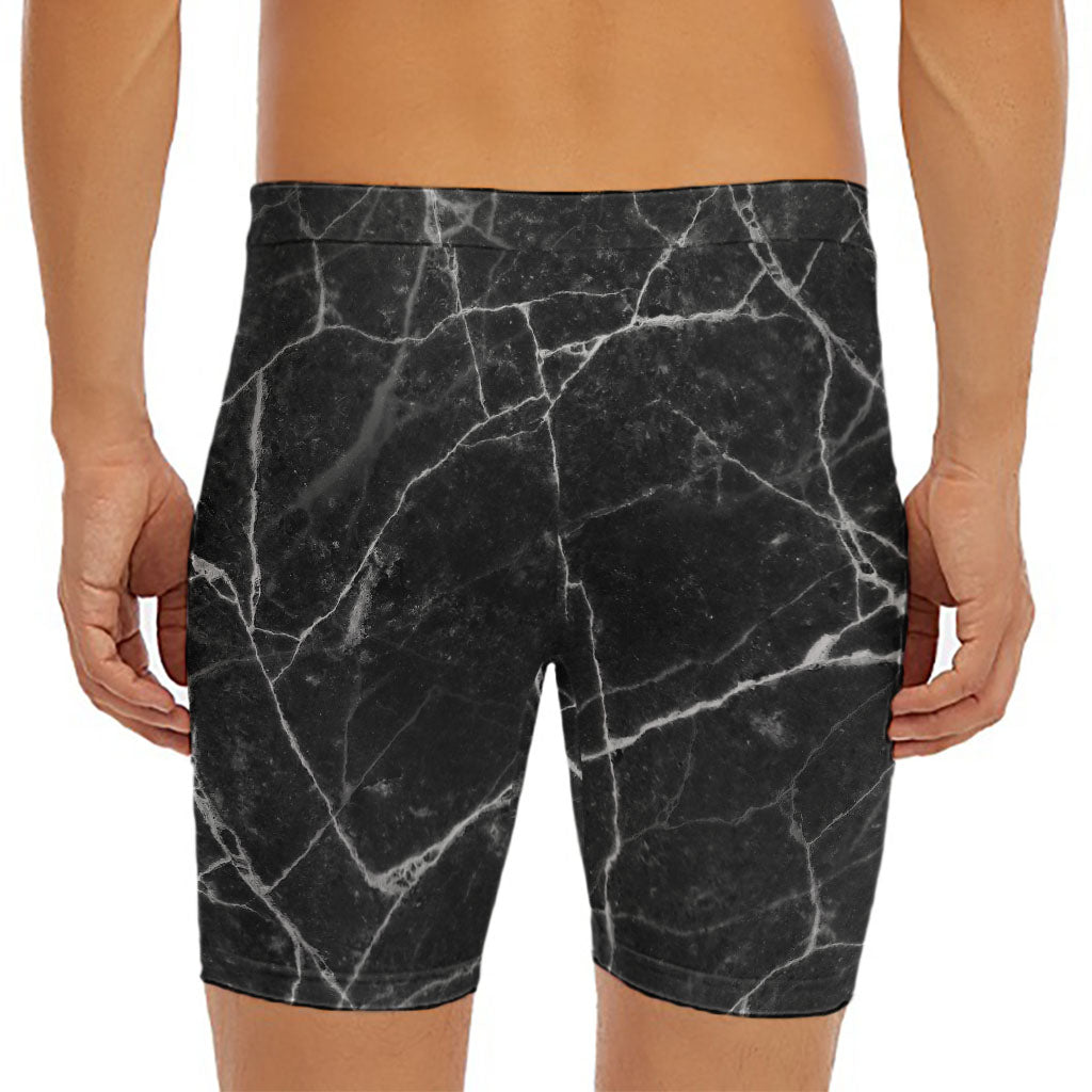 Black White Grunge Marble Print Men's Long Boxer Briefs