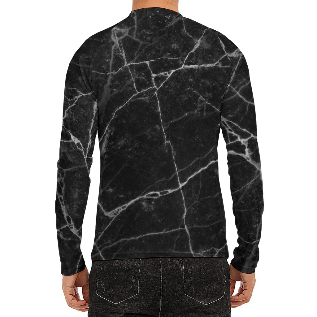 Black White Grunge Marble Print Men's Long Sleeve Rash Guard