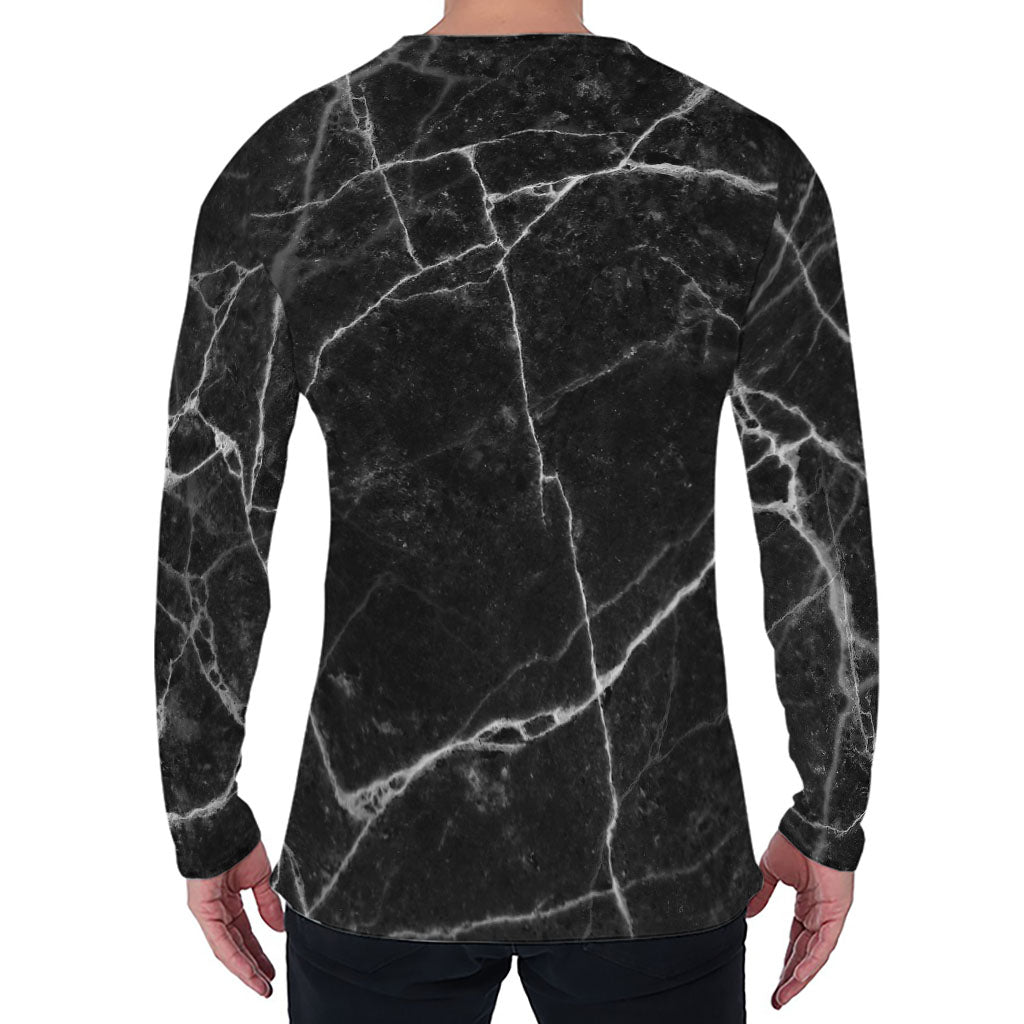 Black White Grunge Marble Print Men's Long Sleeve T-Shirt