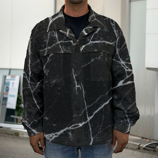 Black White Grunge Marble Print Men's Shirt Jacket