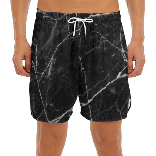 Black White Grunge Marble Print Men's Split Running Shorts