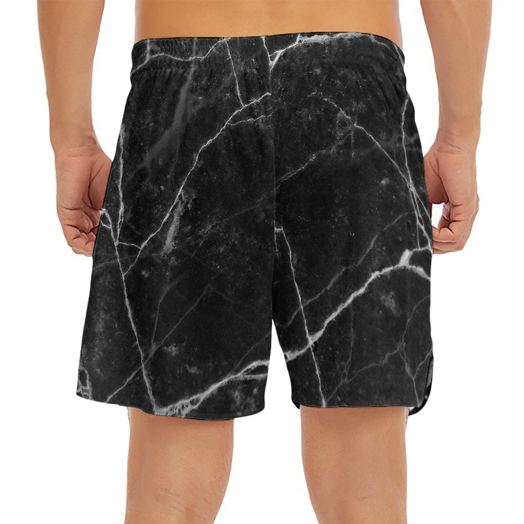 Black White Grunge Marble Print Men's Split Running Shorts