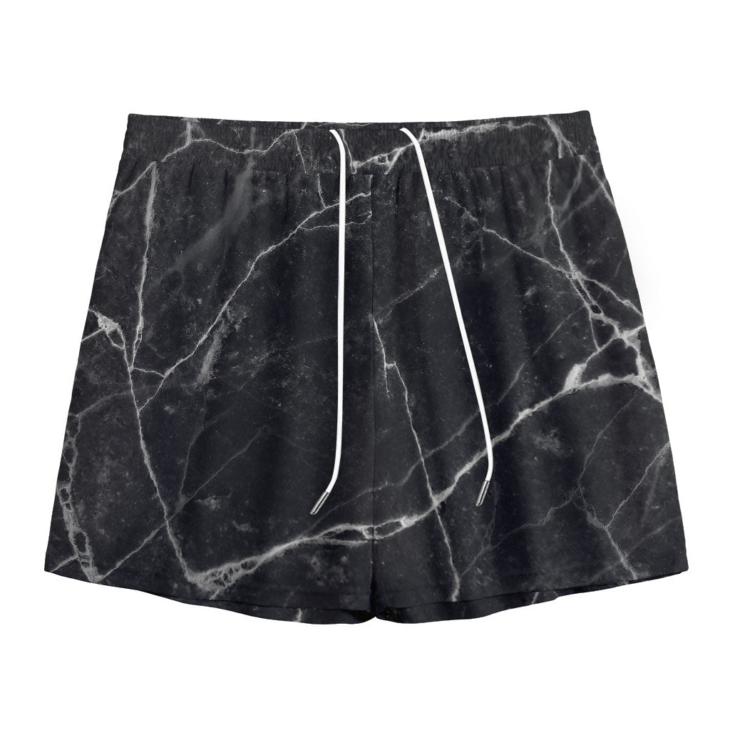 Black White Grunge Marble Print Mesh Shorts