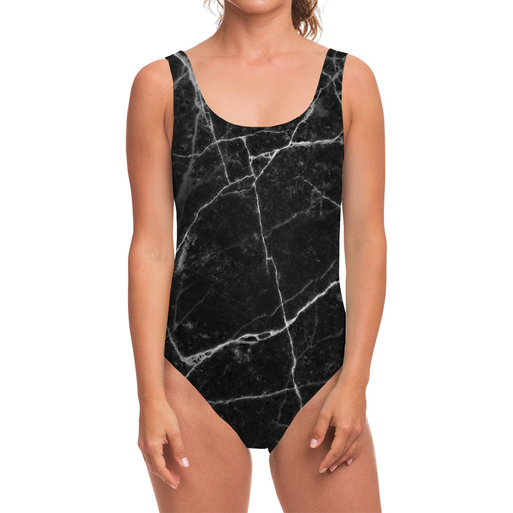 Black White Grunge Marble Print One Piece Swimsuit