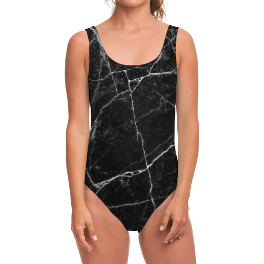 Black White Grunge Marble Print One Piece Swimsuit
