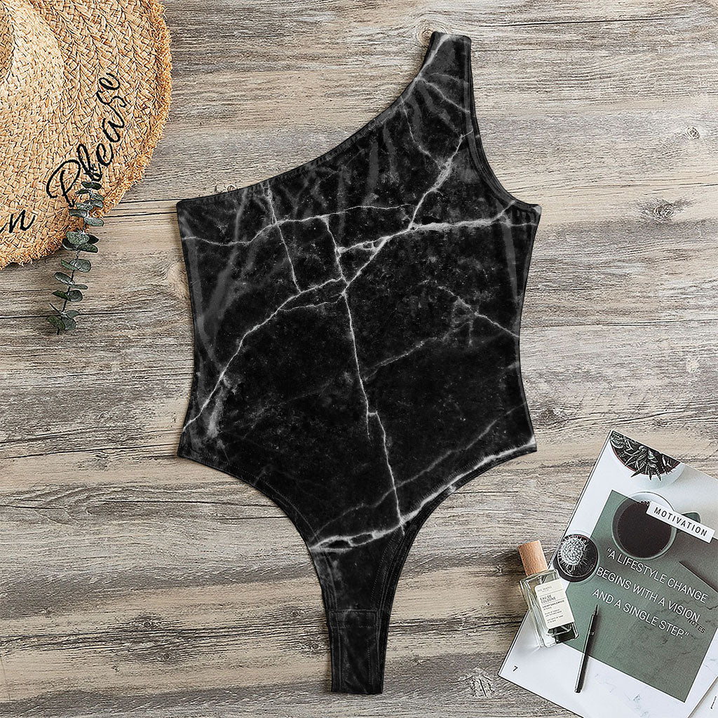 Black White Grunge Marble Print One Shoulder Bodysuit