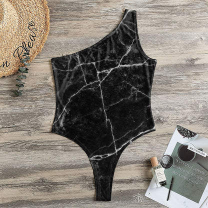 Black White Grunge Marble Print One Shoulder Bodysuit