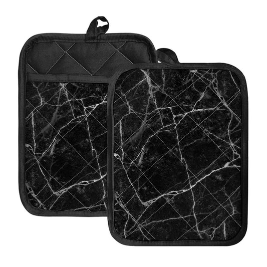 Black White Grunge Marble Print Pot Holders With Pocket