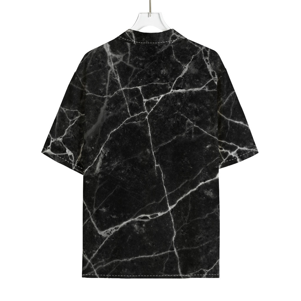 Black White Grunge Marble Print Rayon Hawaiian Shirt