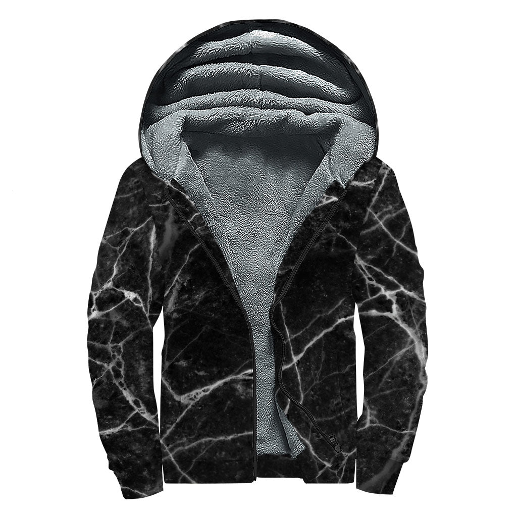 Black White Grunge Marble Print Sherpa Lined Zip Up Hoodie