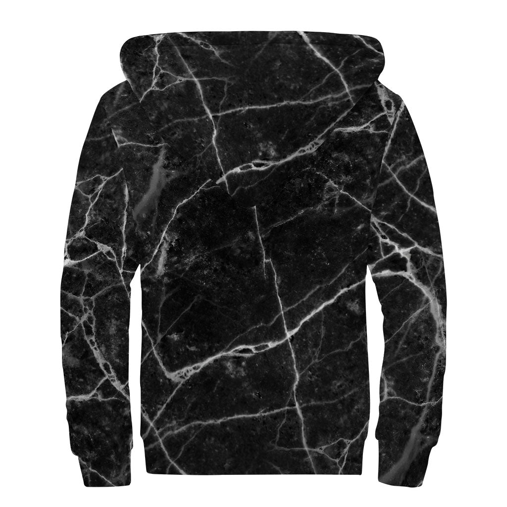 Black White Grunge Marble Print Sherpa Lined Zip Up Hoodie