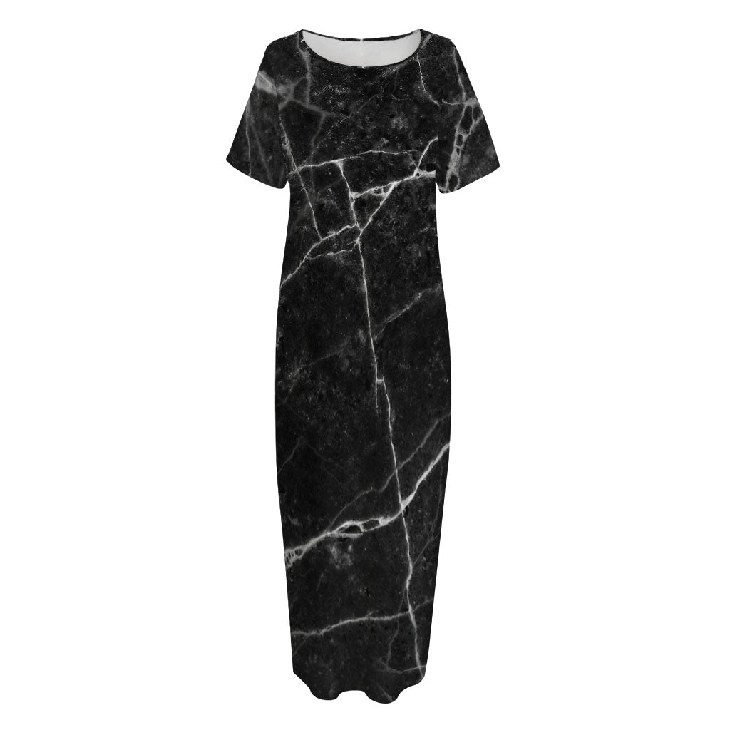 Black White Grunge Marble Print Short Sleeve Long Nightdress