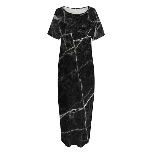Black White Grunge Marble Print Short Sleeve Long Nightdress