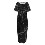 Black White Grunge Marble Print Short Sleeve Long Nightdress