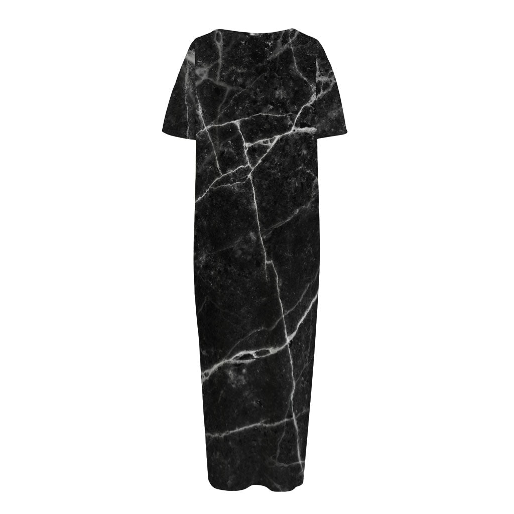 Black White Grunge Marble Print Short Sleeve Long Nightdress