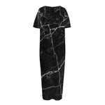 Black White Grunge Marble Print Short Sleeve Long Nightdress