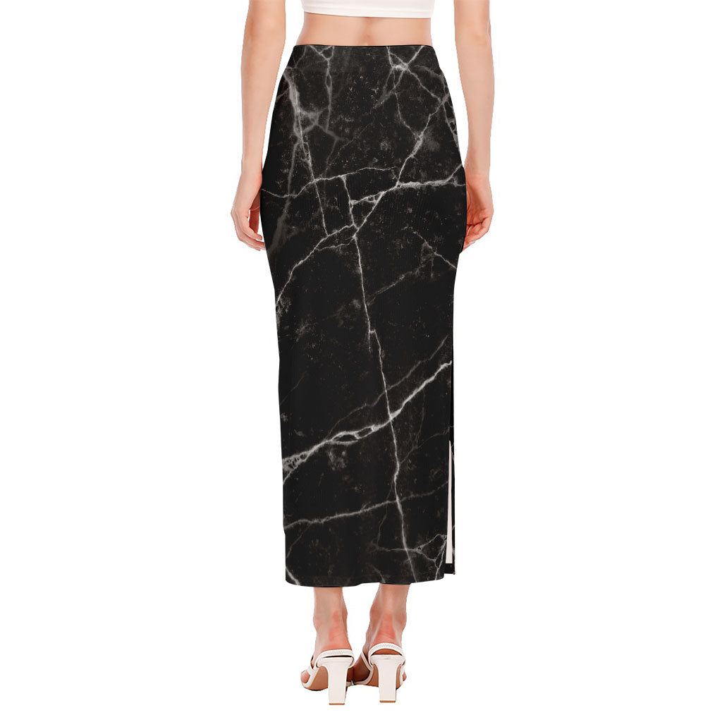 Black White Grunge Marble Print Side Slit Maxi Skirt
