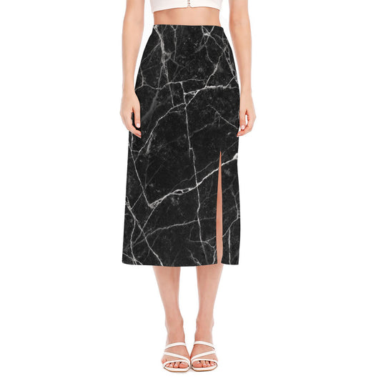 Black White Grunge Marble Print Side Slit Midi Skirt