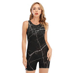 Black White Grunge Marble Print Sleeveless One Piece Swimsuit