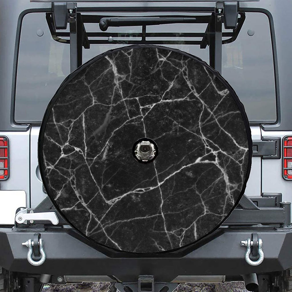 Black White Grunge Marble Print Tire Cover With Camera Hole