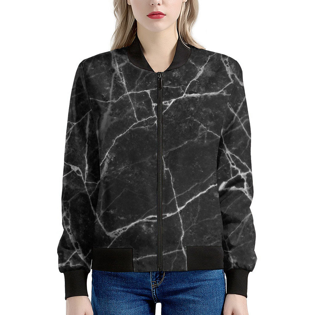 Black White Grunge Marble Print Women's Bomber Jacket