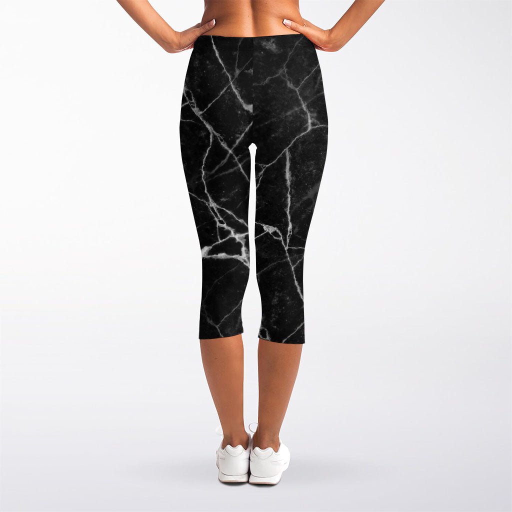 Black White Grunge Marble Print Women's Capri Leggings