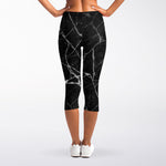 Black White Grunge Marble Print Women's Capri Leggings