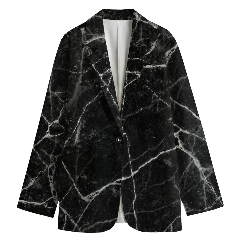 Black White Grunge Marble Print Women's Cotton Blazer