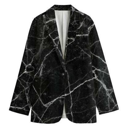 Black White Grunge Marble Print Women's Cotton Blazer