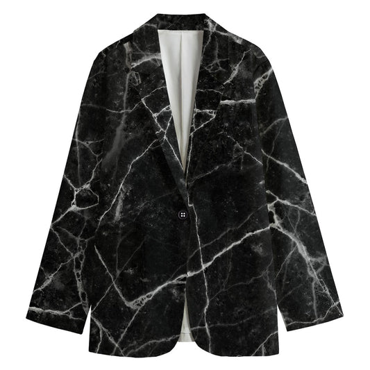 Black White Grunge Marble Print Women's Cotton Blazer