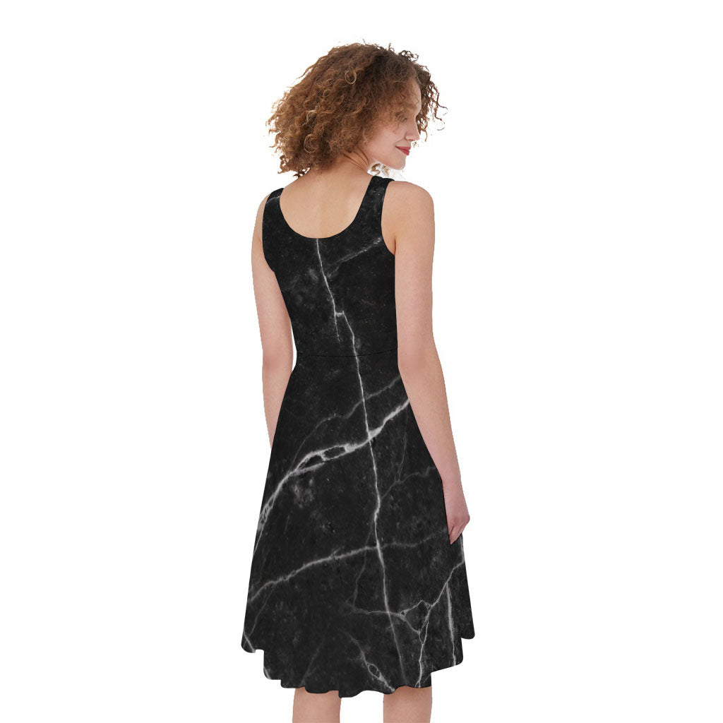 Black White Grunge Marble Print Women's Sleeveless Dress