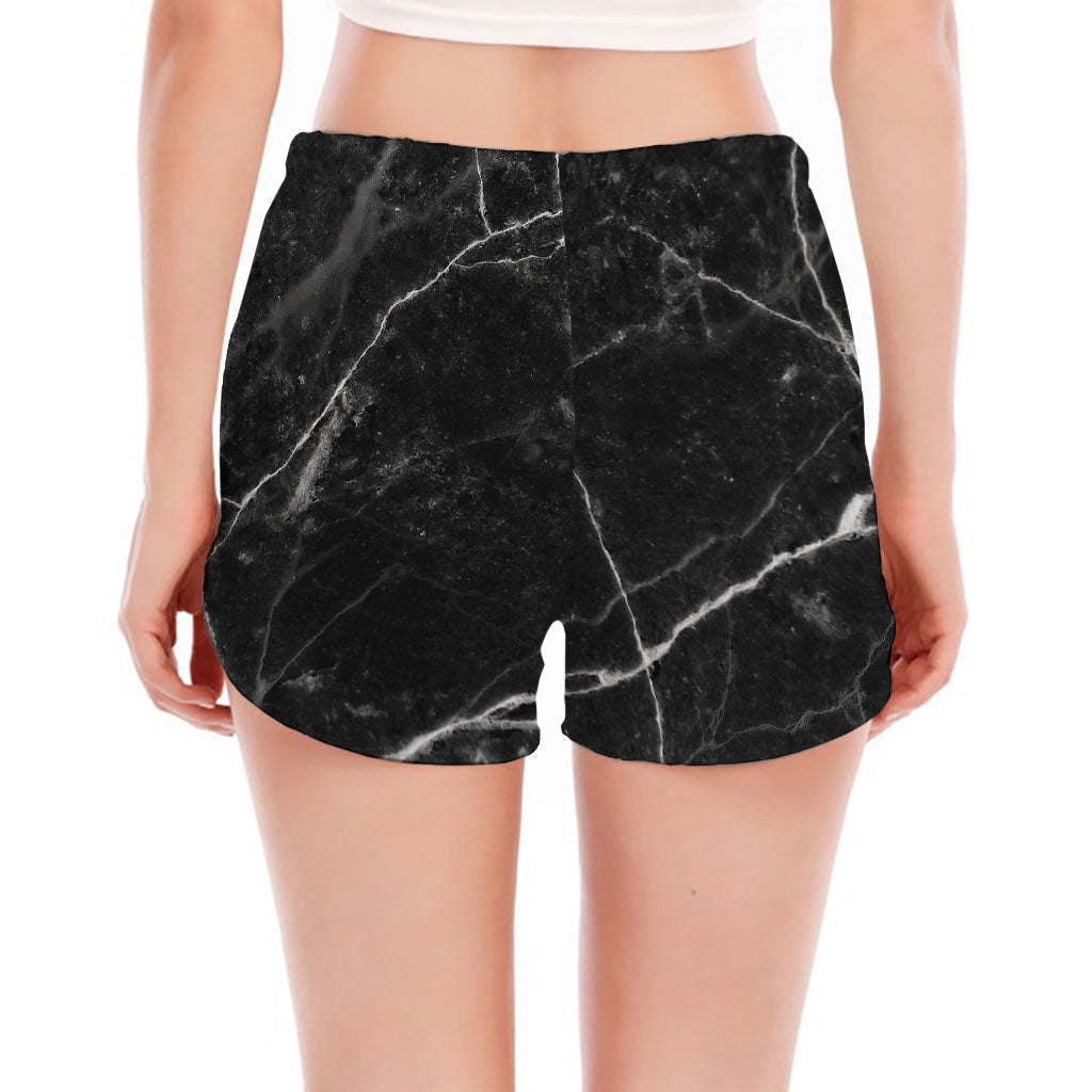 Black White Grunge Marble Print Women's Split Running Shorts