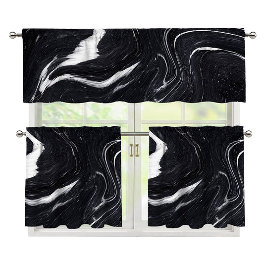 Black White Liquid Marble Print 3 Piece Kitchen Curtains