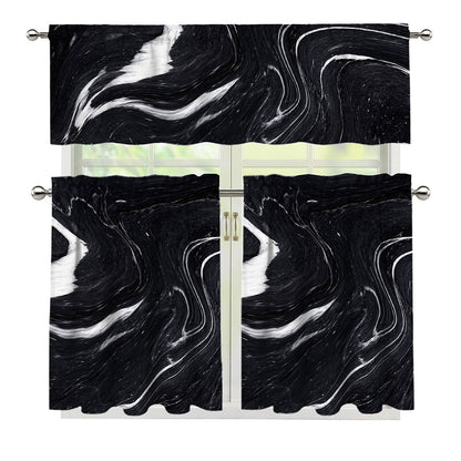 Black White Liquid Marble Print 3 Piece Kitchen Curtains