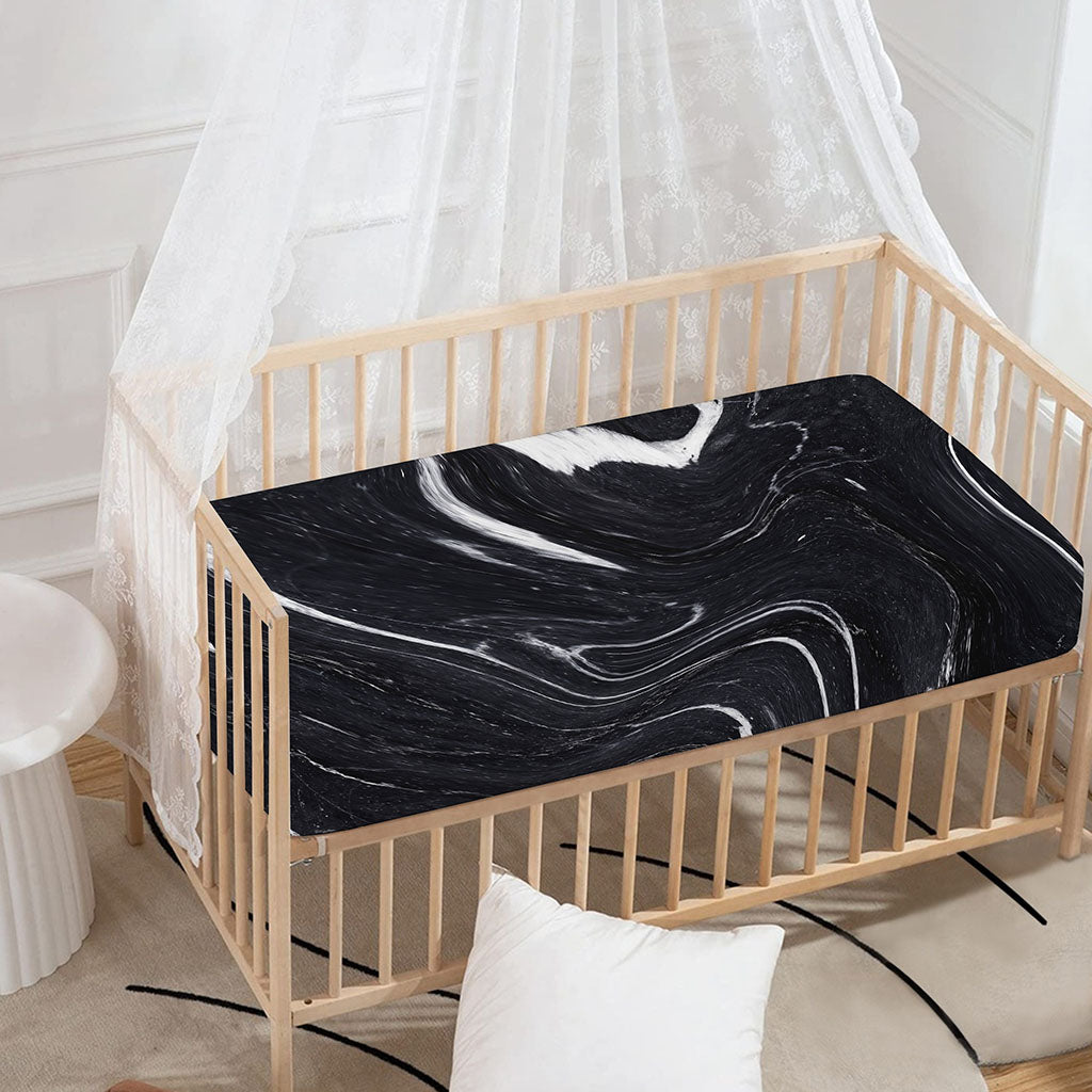 Black White Liquid Marble Print Baby Crib Sheet
