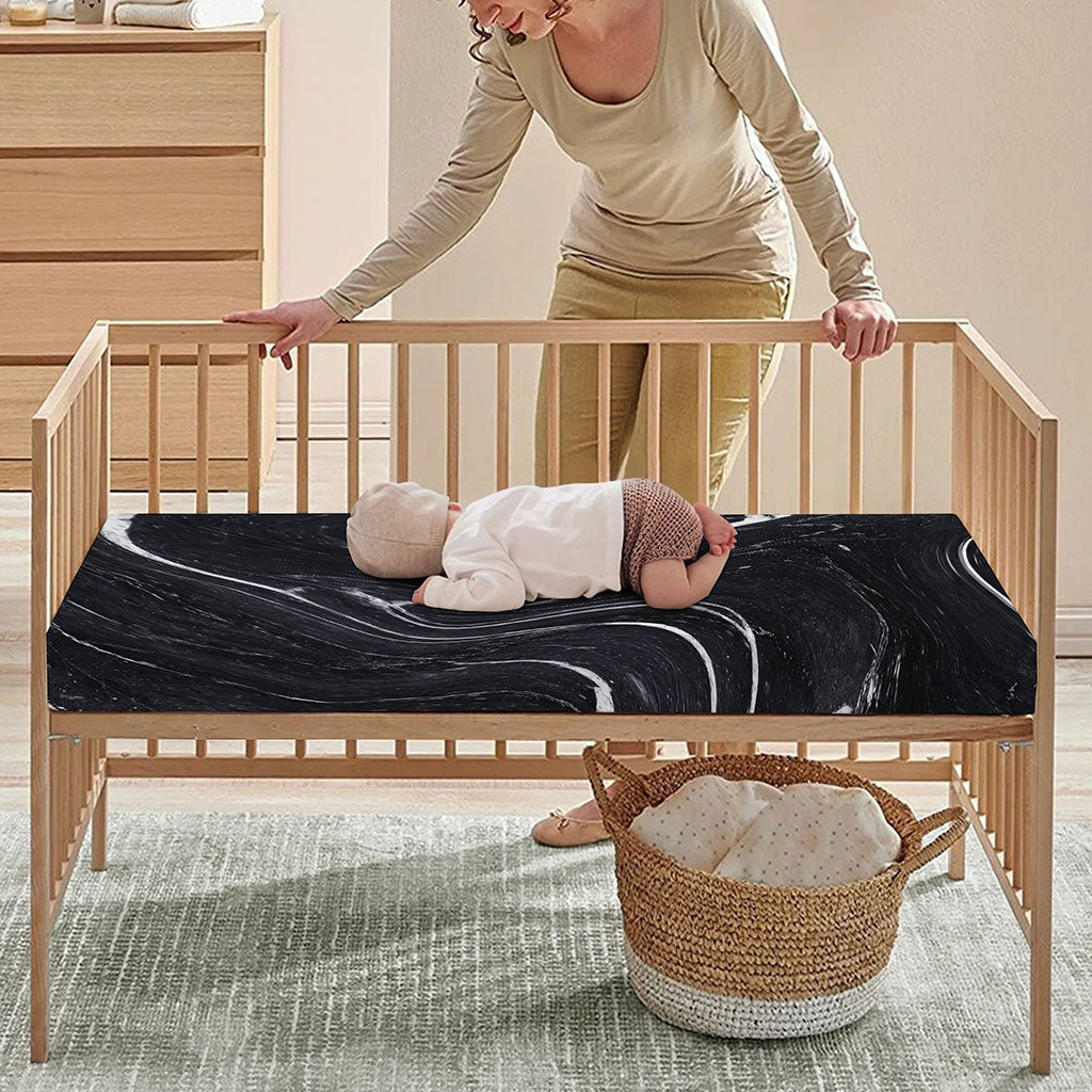 Black White Liquid Marble Print Baby Crib Sheet