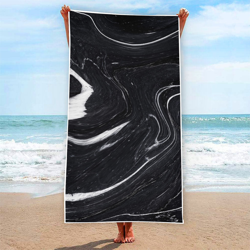 Black White Liquid Marble Print Beach Towel