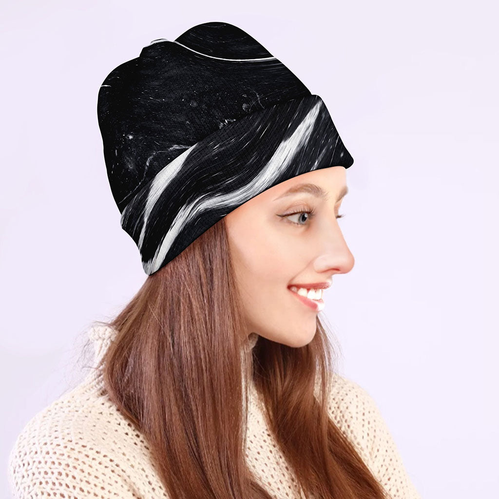 Black White Liquid Marble Print Beanie