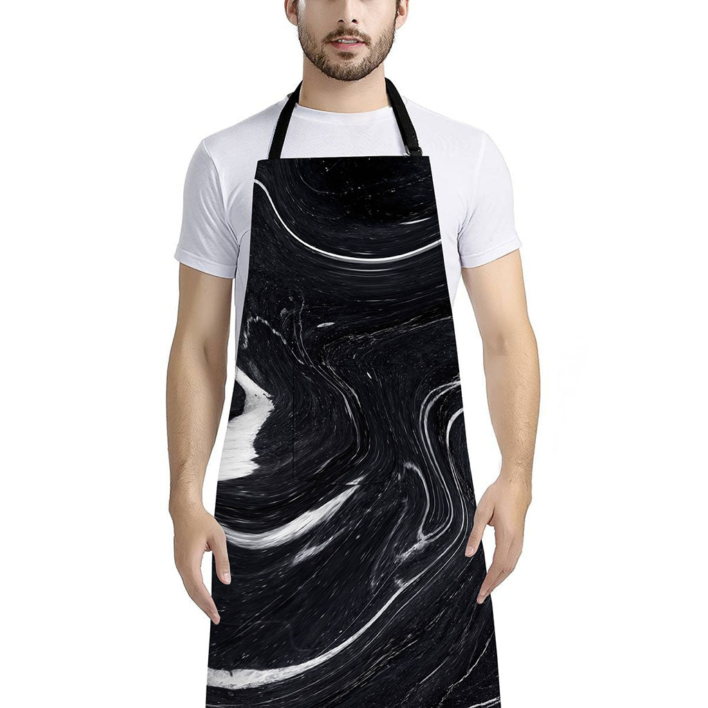 Black White Liquid Marble Print Bib Apron With Pocket