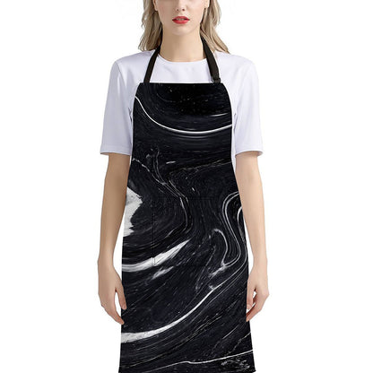 Black White Liquid Marble Print Bib Apron With Pocket