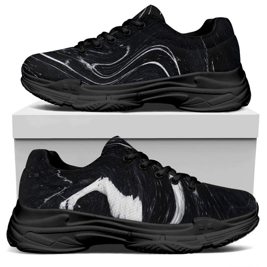 Black White Liquid Marble Print Black Chunky Shoes
