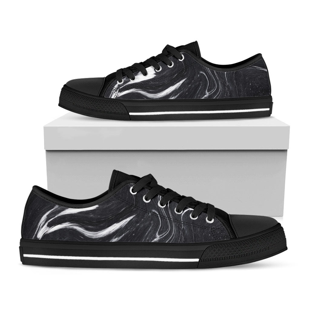 Black White Liquid Marble Print Black Low Top Sneakers