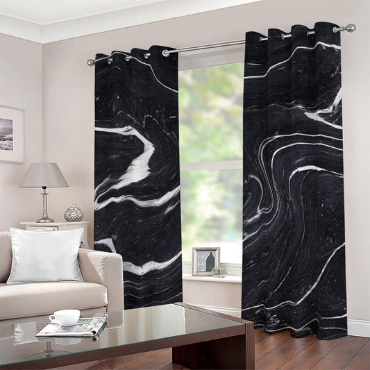 Black White Liquid Marble Print Blackout Grommet Curtains