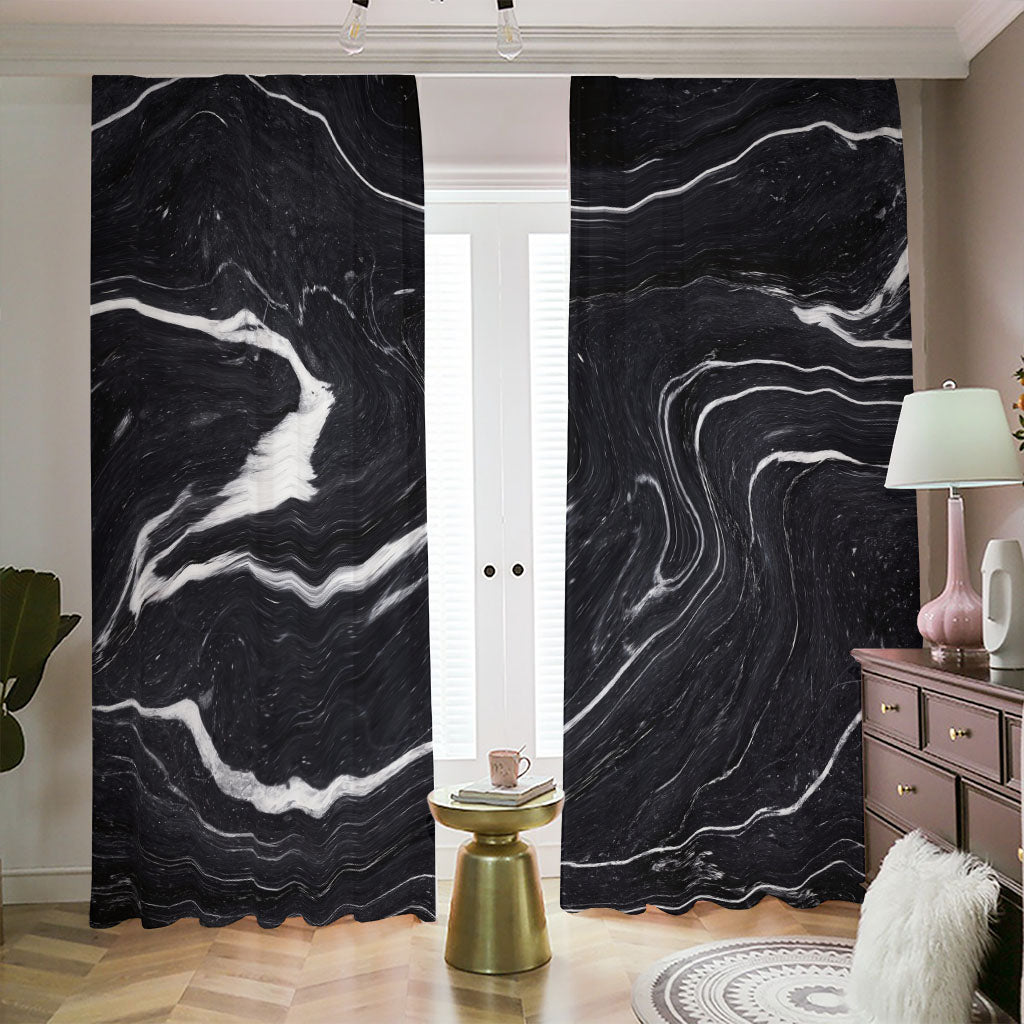 Black White Liquid Marble Print Blackout Pencil Pleat Curtains