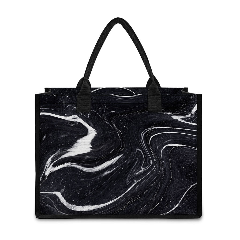 Black White Liquid Marble Print Canvas Tote Bag