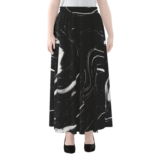 Black White Liquid Marble Print Chiffon Maxi Skirt